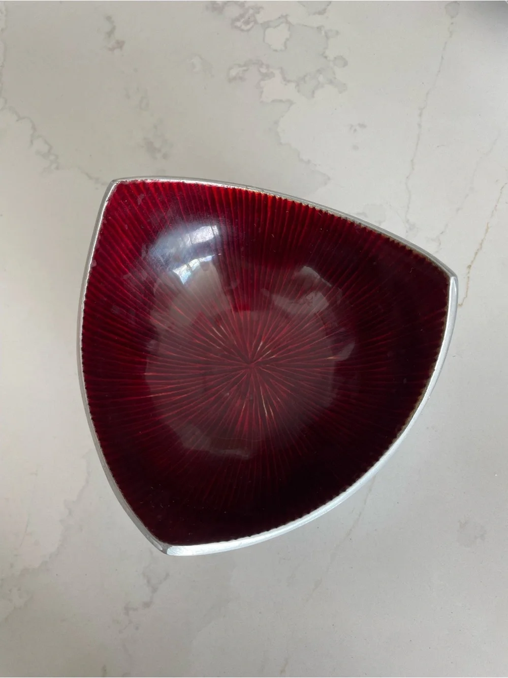 Handcrafted Ruby Red Enamel Bowl- Modern Silver Tone Catchall Dish, Made in Indi